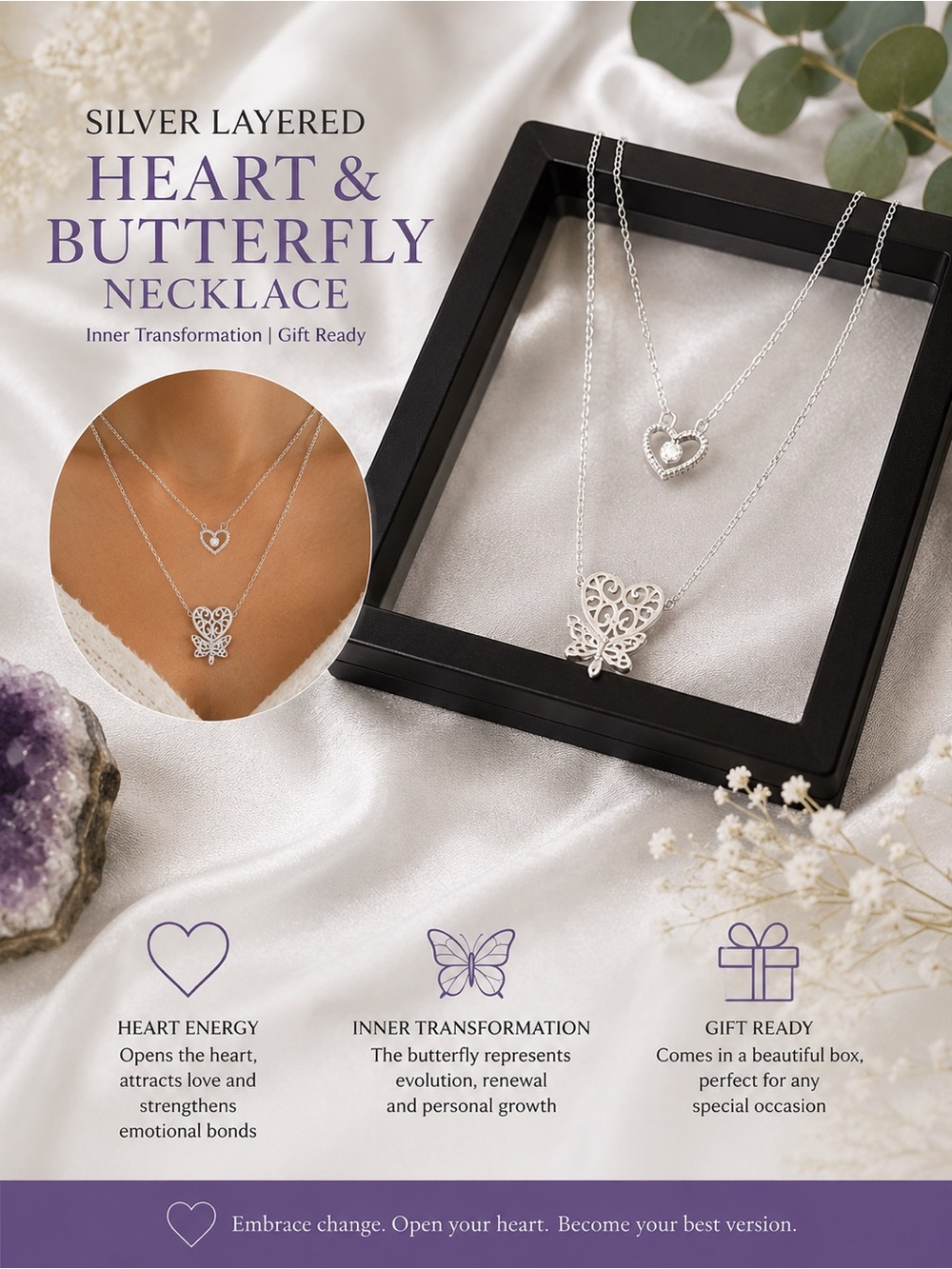 Silver Layered Heart & Butterfly Necklace | Inner Transformation | Gift Ready